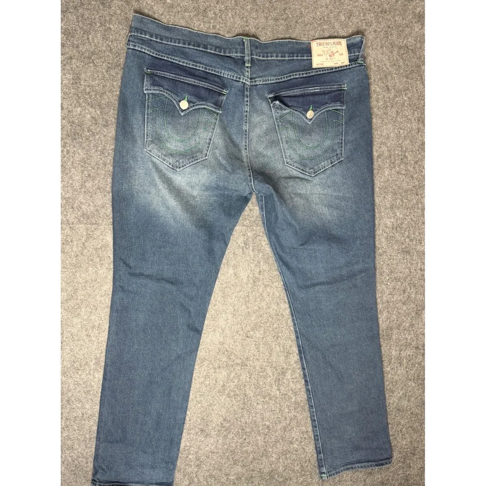 True Religion Ricky Relaxed Straight Jeans Mens 42 Blue Denim Neon‎ Green Stitch